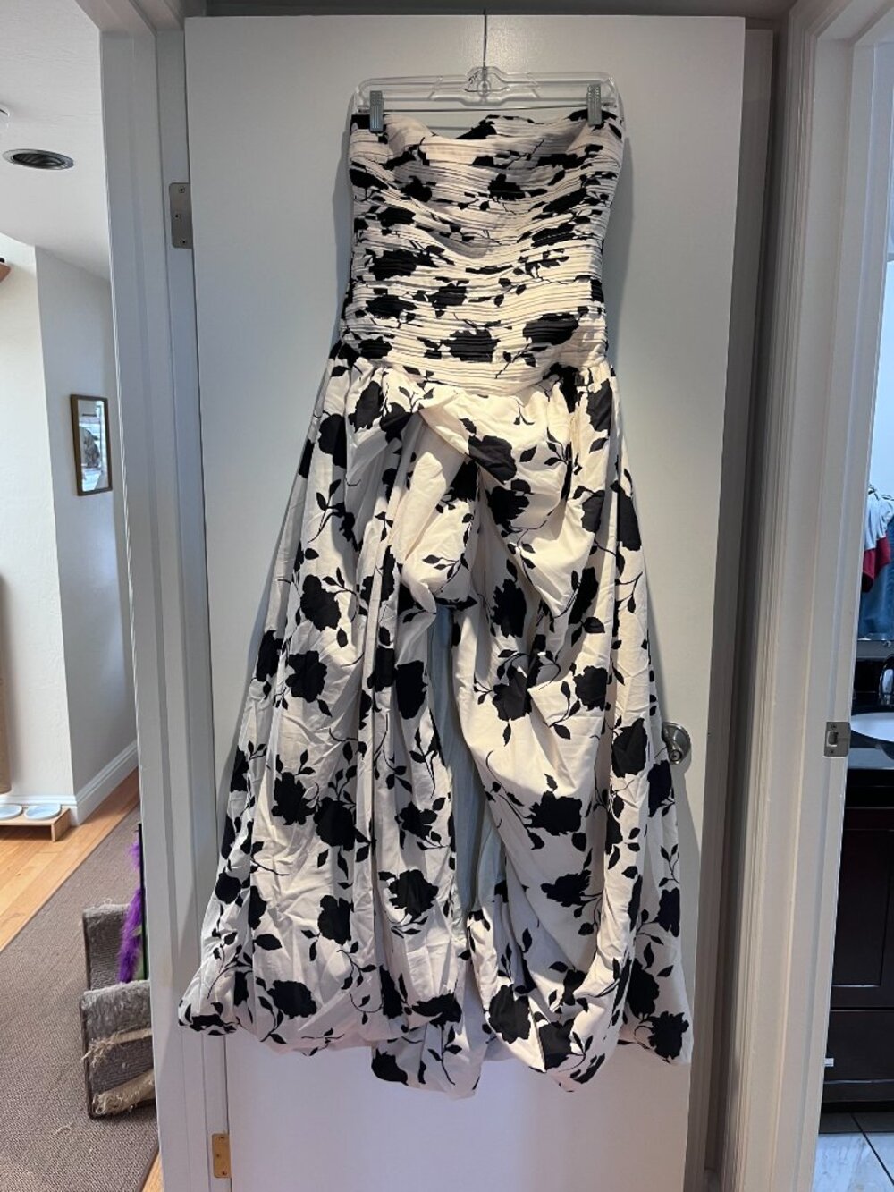 New York & Co Black & Ivory Strapless Ruched Bodice Rose High Low Gown - L - Picture 6 of 11